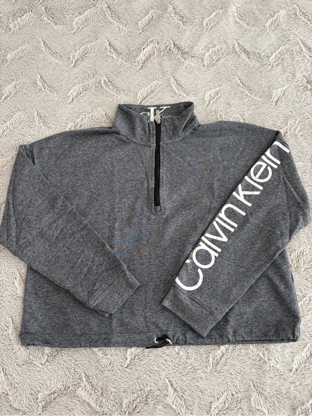 Calvin Klein Crop Half Zip Pullover Sweatshirt Gray White Logo on Sleeve